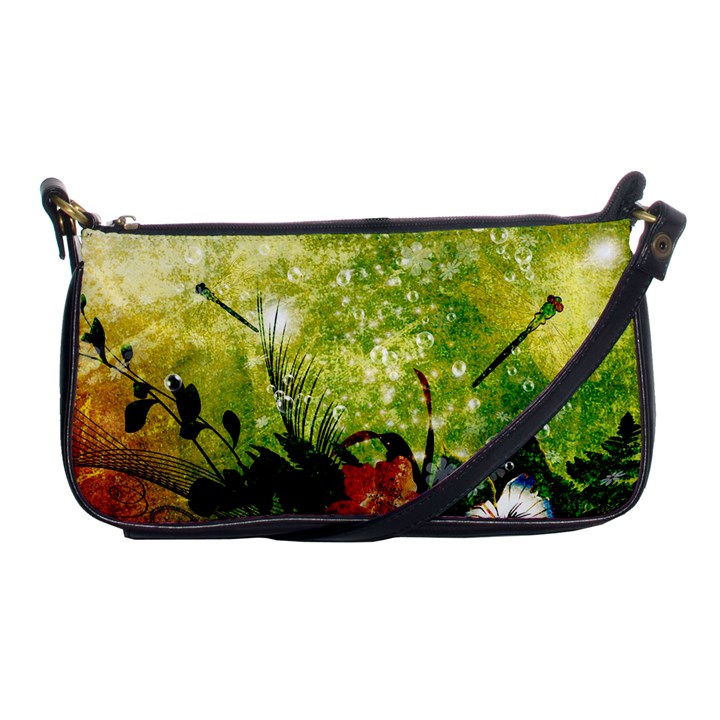 Awesome Flowers And Lleaves With Dragonflies On Red Green Background With Grunge Shoulder Clutch Bags