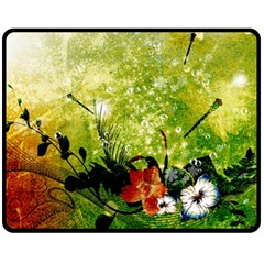 Awesome Flowers And Lleaves With Dragonflies On Red Green Background With Grunge Fleece Blanket (medium) 