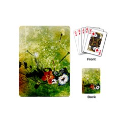 Awesome Flowers And Lleaves With Dragonflies On Red Green Background With Grunge Playing Cards (mini) 