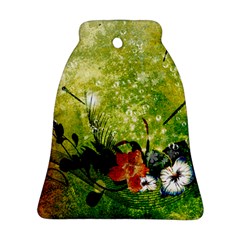 Awesome Flowers And Lleaves With Dragonflies On Red Green Background With Grunge Bell Ornament (2 Sides) by FantasyWorld7