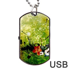 Awesome Flowers And Lleaves With Dragonflies On Red Green Background With Grunge Dog Tag Usb Flash (two Sides)  by FantasyWorld7