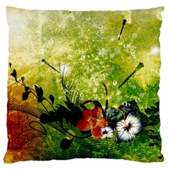 Awesome Flowers And Lleaves With Dragonflies On Red Green Background With Grunge Large Cushion Cases (one Side) 