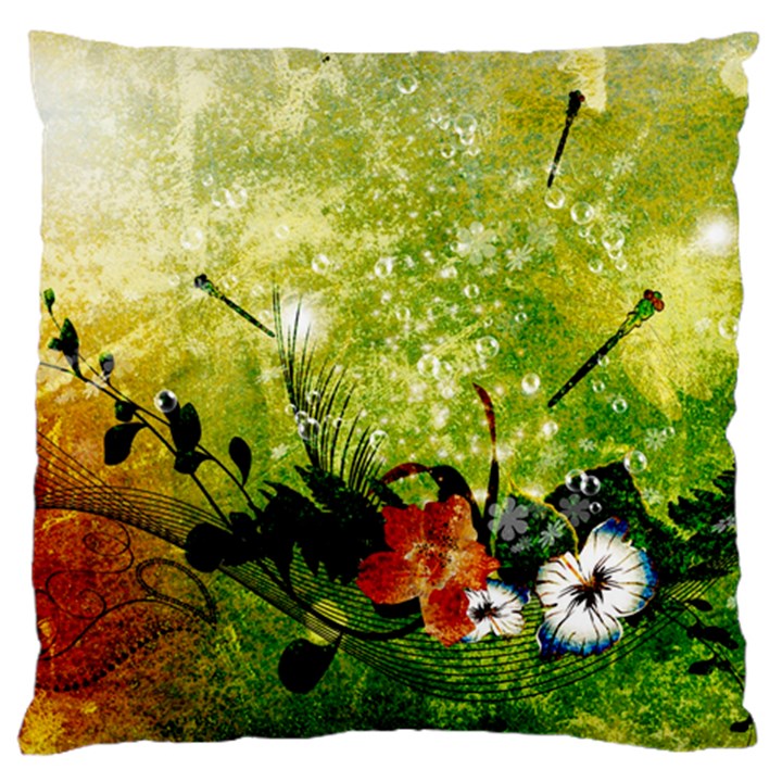 Awesome Flowers And Lleaves With Dragonflies On Red Green Background With Grunge Large Cushion Cases (One Side) 