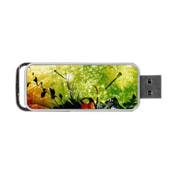 Awesome Flowers And Lleaves With Dragonflies On Red Green Background With Grunge Portable Usb Flash (one Side)