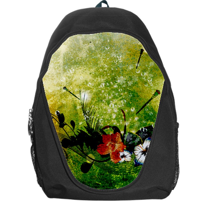 Awesome Flowers And Lleaves With Dragonflies On Red Green Background With Grunge Backpack Bag