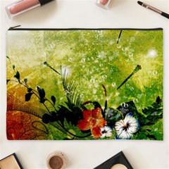 Awesome Flowers And Lleaves With Dragonflies On Red Green Background With Grunge Cosmetic Bag (xxxl)  by FantasyWorld7