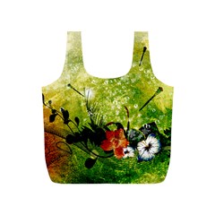 Awesome Flowers And Lleaves With Dragonflies On Red Green Background With Grunge Full Print Recycle Bags (s) 