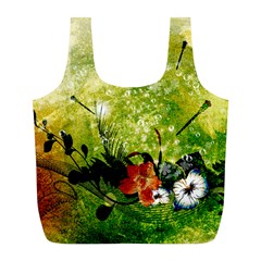 Awesome Flowers And Lleaves With Dragonflies On Red Green Background With Grunge Full Print Recycle Bags (l)  by FantasyWorld7