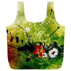 Awesome Flowers And Lleaves With Dragonflies On Red Green Background With Grunge Full Print Recycle Bags (l) 