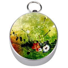 Awesome Flowers And Lleaves With Dragonflies On Red Green Background With Grunge Silver Compasses