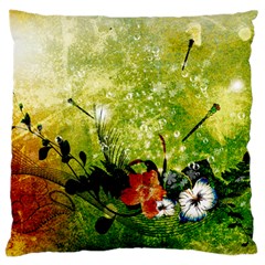 Awesome Flowers And Lleaves With Dragonflies On Red Green Background With Grunge Standard Flano Cushion Cases (one Side)  by FantasyWorld7