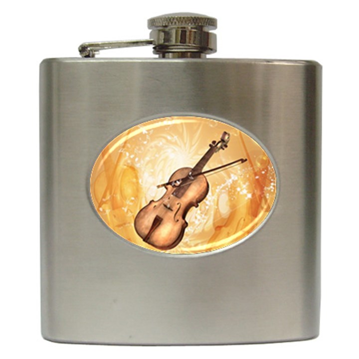 Wonderful Violin With Violin Bow On Soft Background Hip Flask (6 oz)