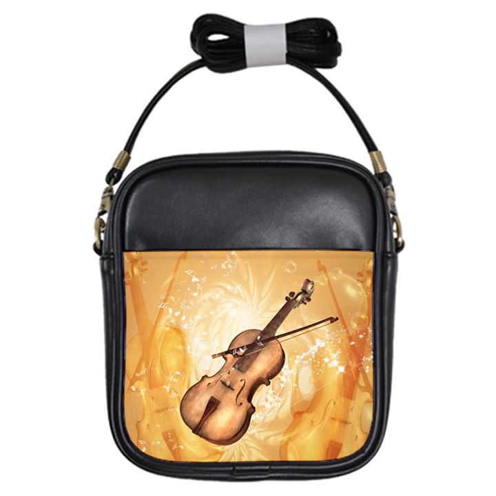 Wonderful Violin With Violin Bow On Soft Background Girls Sling Bags