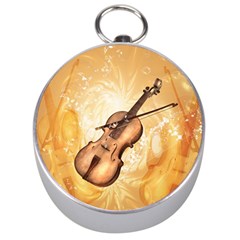 Wonderful Violin With Violin Bow On Soft Background Silver Compasses