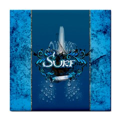 Surf, Surfboard With Water Drops On Blue Background Tile Coasters by FantasyWorld7