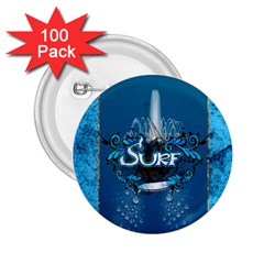 Surf, Surfboard With Water Drops On Blue Background 2 25  Buttons (100 Pack) 