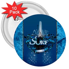 Surf, Surfboard With Water Drops On Blue Background 3  Buttons (10 Pack) 