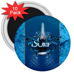 Surf, Surfboard With Water Drops On Blue Background 3  Magnets (10 Pack) 