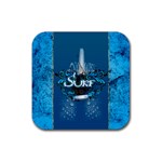 Surf, Surfboard With Water Drops On Blue Background Rubber Coaster (Square)  Front