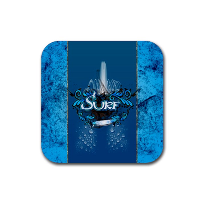 Surf, Surfboard With Water Drops On Blue Background Rubber Coaster (Square) 