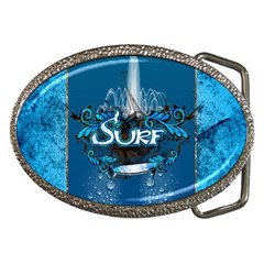 Surf, Surfboard With Water Drops On Blue Background Belt Buckles by FantasyWorld7