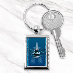 Surf, Surfboard With Water Drops On Blue Background Key Chains (rectangle) 