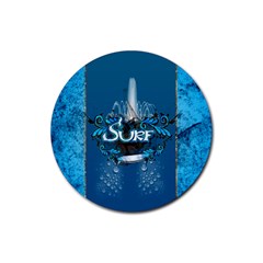 Surf, Surfboard With Water Drops On Blue Background Rubber Round Coaster (4 Pack) 