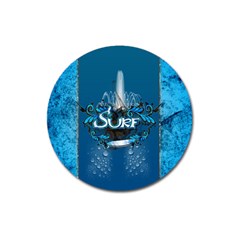 Surf, Surfboard With Water Drops On Blue Background Magnet 3  (round) by FantasyWorld7