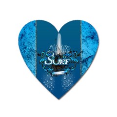 Surf, Surfboard With Water Drops On Blue Background Heart Magnet by FantasyWorld7