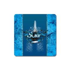 Surf, Surfboard With Water Drops On Blue Background Square Magnet by FantasyWorld7