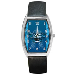 Surf, Surfboard With Water Drops On Blue Background Barrel Metal Watches