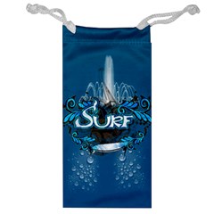 Surf, Surfboard With Water Drops On Blue Background Jewelry Bags