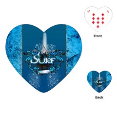 Surf, Surfboard With Water Drops On Blue Background Playing Cards (heart) 