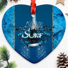 Surf, Surfboard With Water Drops On Blue Background Heart Ornament (2 Sides) by FantasyWorld7