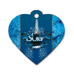 Surf, Surfboard With Water Drops On Blue Background Dog Tag Heart (one Side) by FantasyWorld7