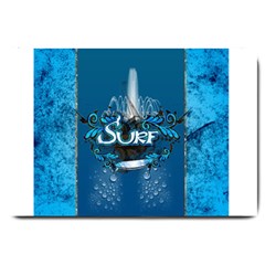 Surf, Surfboard With Water Drops On Blue Background Large Doormat  by FantasyWorld7