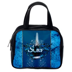 Surf, Surfboard With Water Drops On Blue Background Classic Handbags (one Side) by FantasyWorld7