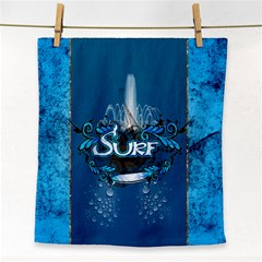 Surf, Surfboard With Water Drops On Blue Background Face Towel by FantasyWorld7