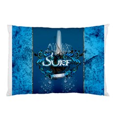 Surf, Surfboard With Water Drops On Blue Background Pillow Cases by FantasyWorld7