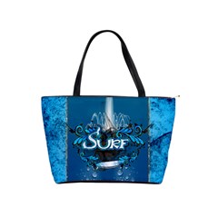 Surf, Surfboard With Water Drops On Blue Background Shoulder Handbags by FantasyWorld7