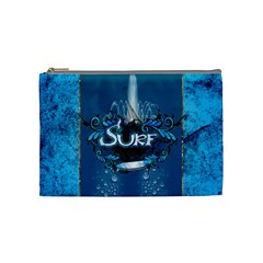 Surf, Surfboard With Water Drops On Blue Background Cosmetic Bag (medium)  by FantasyWorld7