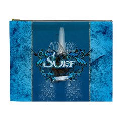 Surf, Surfboard With Water Drops On Blue Background Cosmetic Bag (xl) by FantasyWorld7