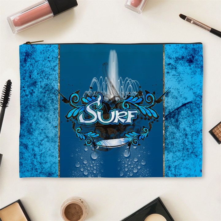 Surf, Surfboard With Water Drops On Blue Background Cosmetic Bag (XL)