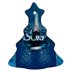 Surf, Surfboard With Water Drops On Blue Background Ornament (christmas Tree) by FantasyWorld7