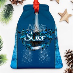 Surf, Surfboard With Water Drops On Blue Background Bell Ornament (2 Sides) by FantasyWorld7