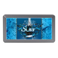 Surf, Surfboard With Water Drops On Blue Background Memory Card Reader (mini) by FantasyWorld7