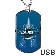 Surf, Surfboard With Water Drops On Blue Background Dog Tag Usb Flash (one Side)