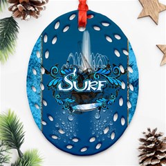 Surf, Surfboard With Water Drops On Blue Background Oval Filigree Ornament (2-side) 