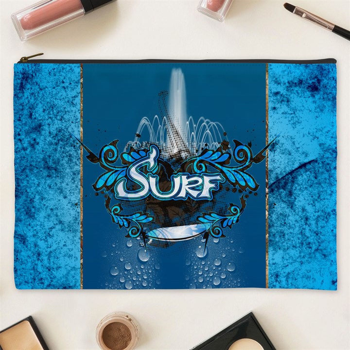 Surf, Surfboard With Water Drops On Blue Background Cosmetic Bag (XXXL) 