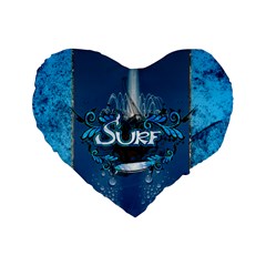 Surf, Surfboard With Water Drops On Blue Background Standard 16  Premium Heart Shape Cushions